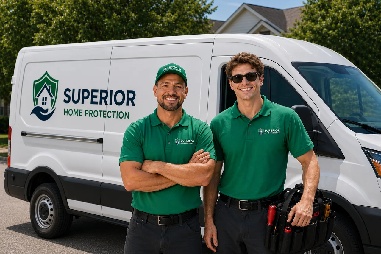 Two smiling Superior Home Protection technicians in green uniforms in front of a branded service van