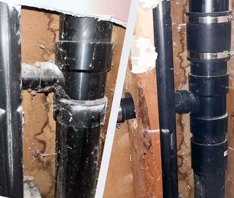 Drain stack repair, before and after